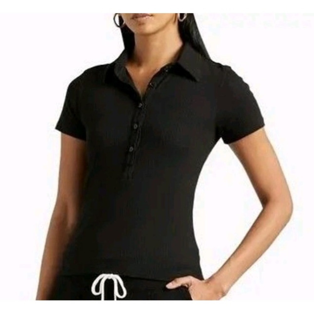 Monrow Top Polo Shirt Ribbed Black Stretch Supima Cotton Jersey Knit Size Small